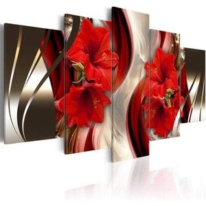 Contemporary Canvas Wall Art, Red Flower Painting, 5 Panels